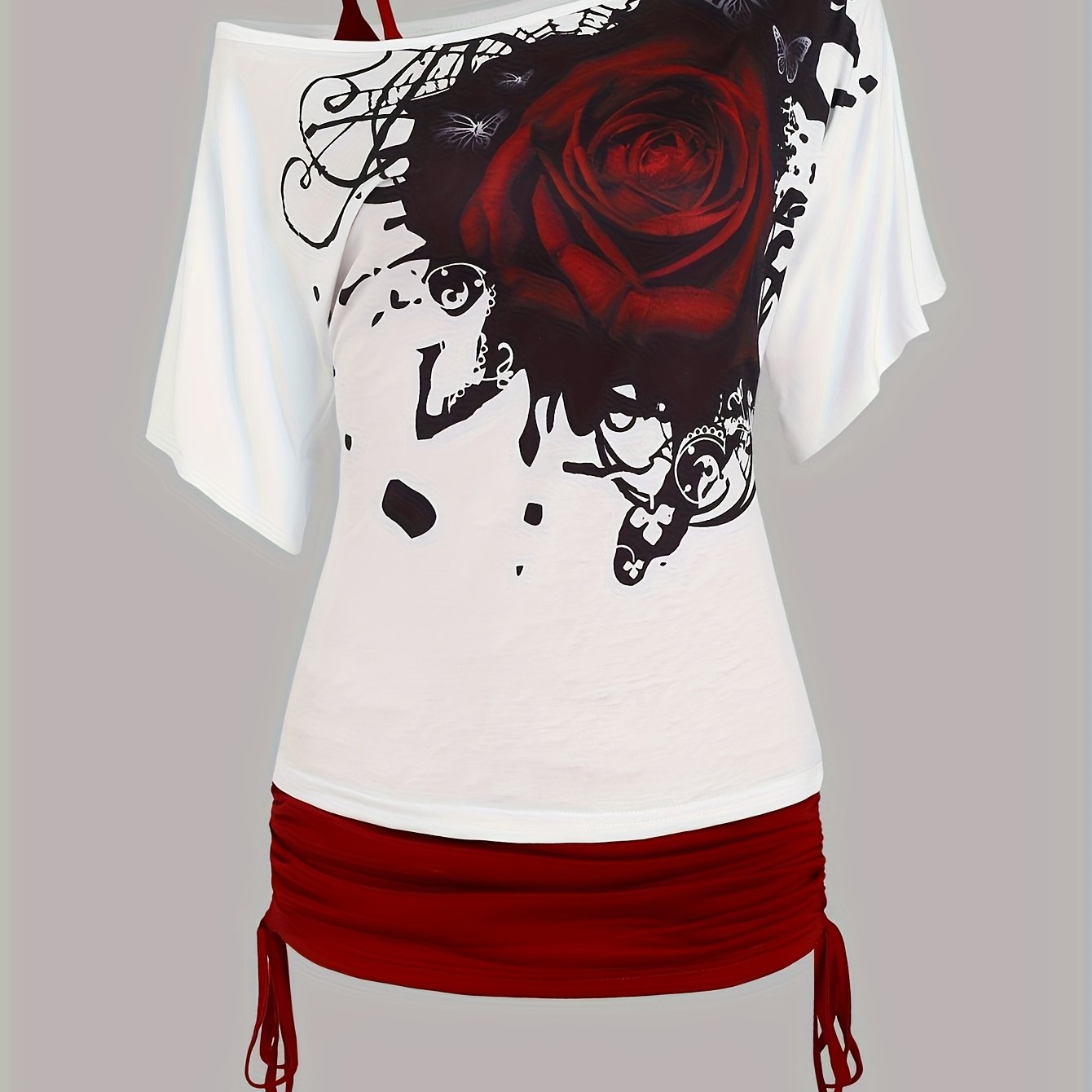 gül baskılı iki parçalı bluz – tek omuz y2k kadın bluz seti