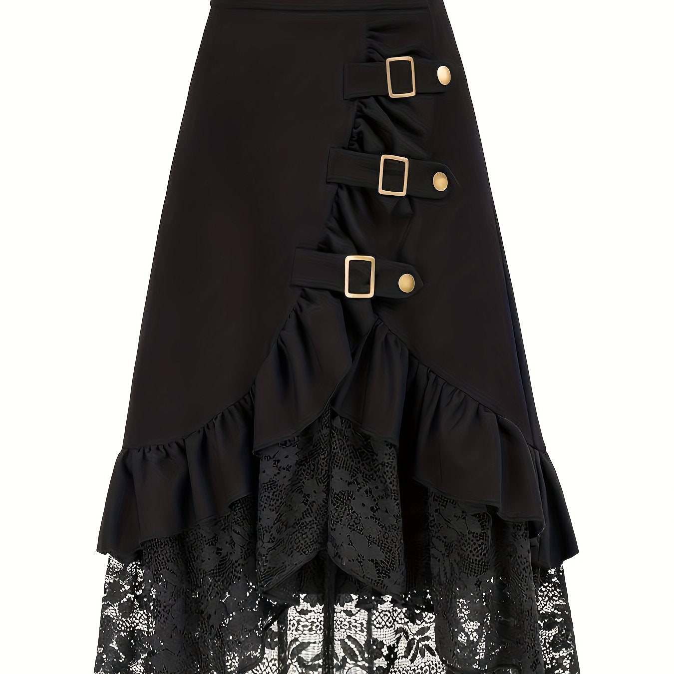 Gotik etek – yüksek bel dantelli ruffled tasarım, metal tokalı dramatik görünüm | Şimdi Keşfet 🖤✨