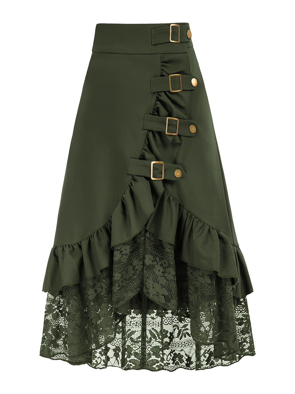 Gotik etek – yüksek bel dantelli ruffled tasarım, metal tokalı dramatik görünüm | Şimdi Keşfet 🖤✨