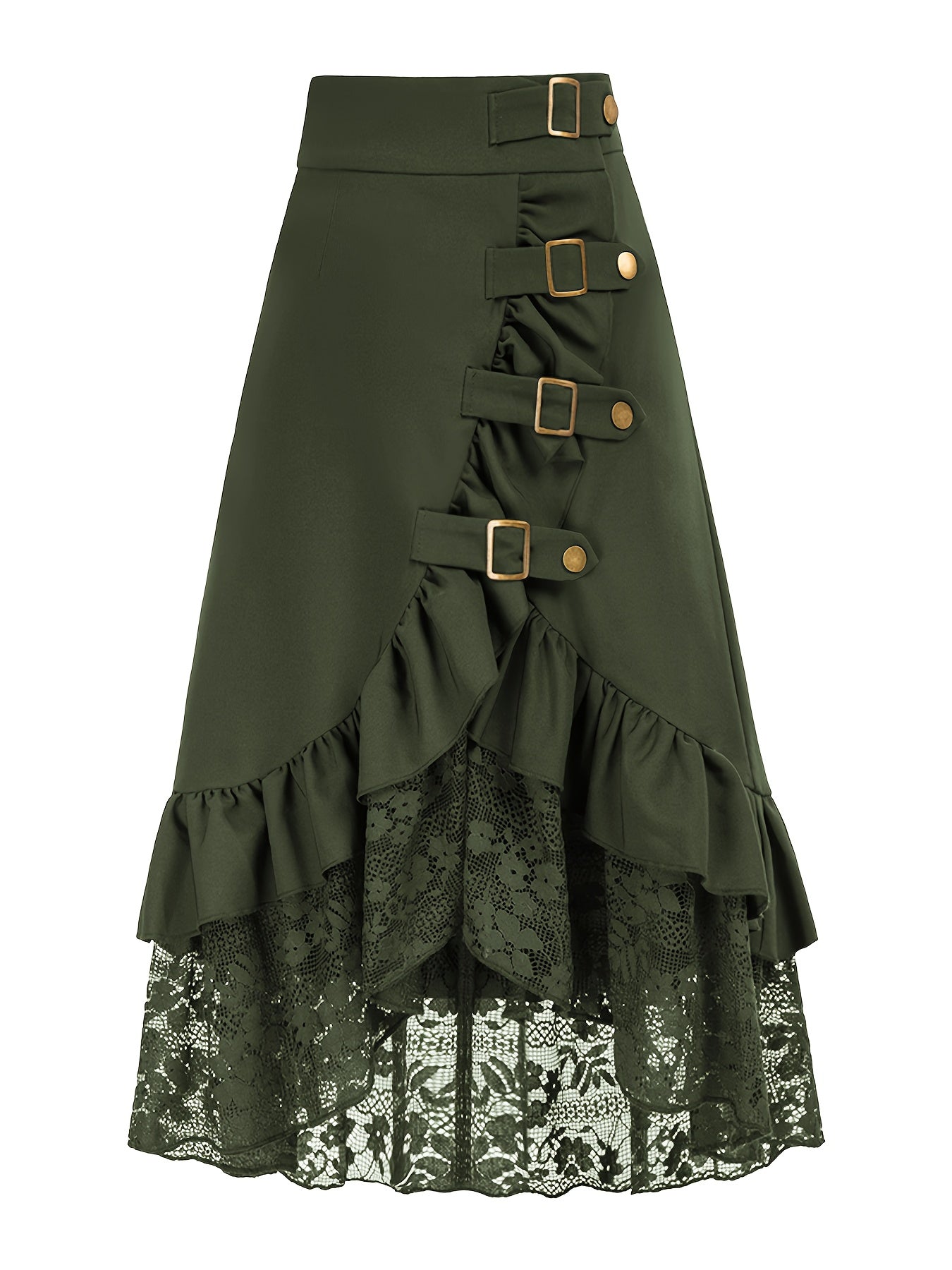 Gotik etek – yüksek bel dantelli ruffled tasarım, metal tokalı dramatik görünüm | Şimdi Keşfet 🖤✨