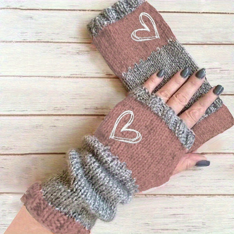 retro eldiven kalp nakışlı örgü parmak açık