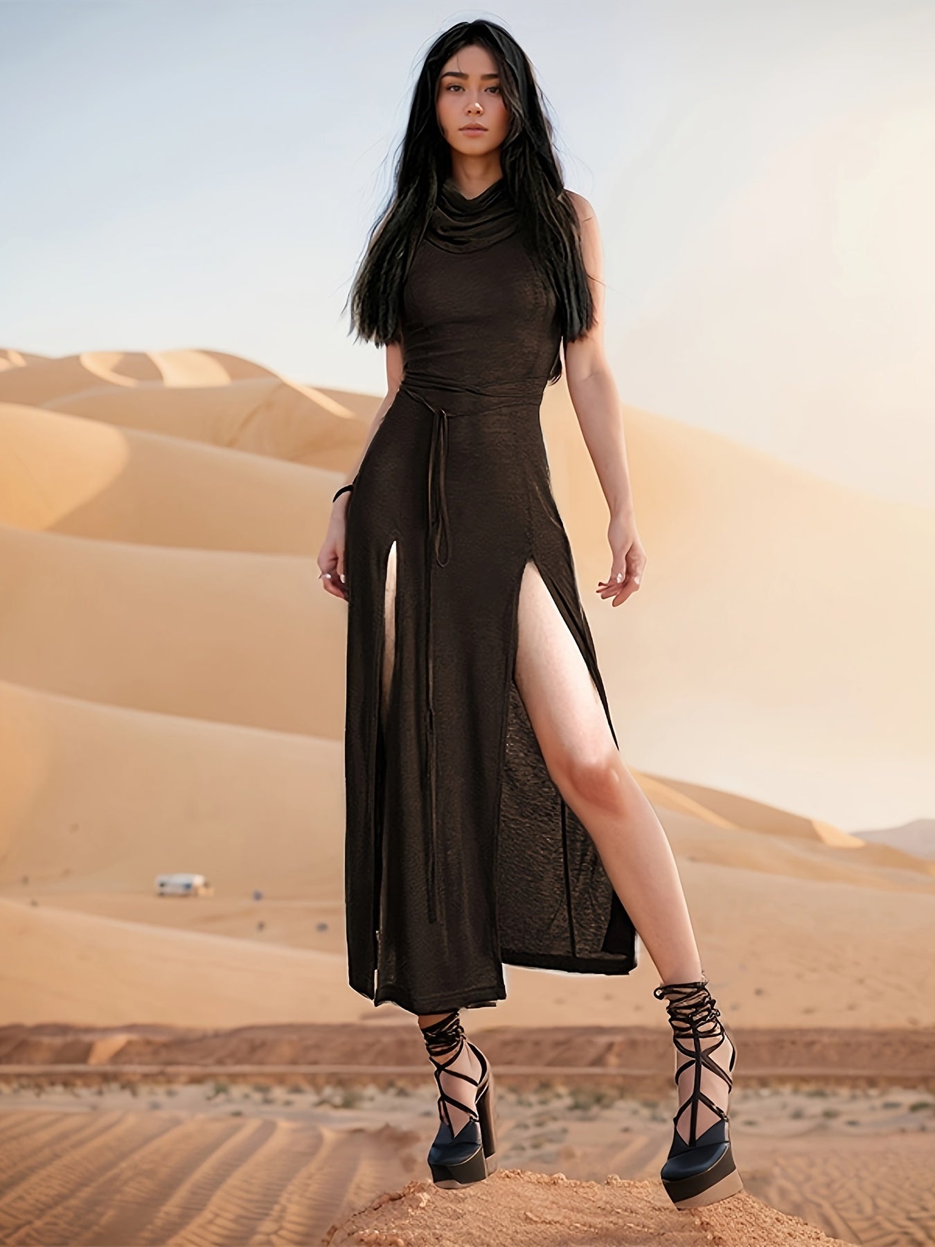 yarık detaylı elbise siyah yırtmaçlı yazlık tasarım