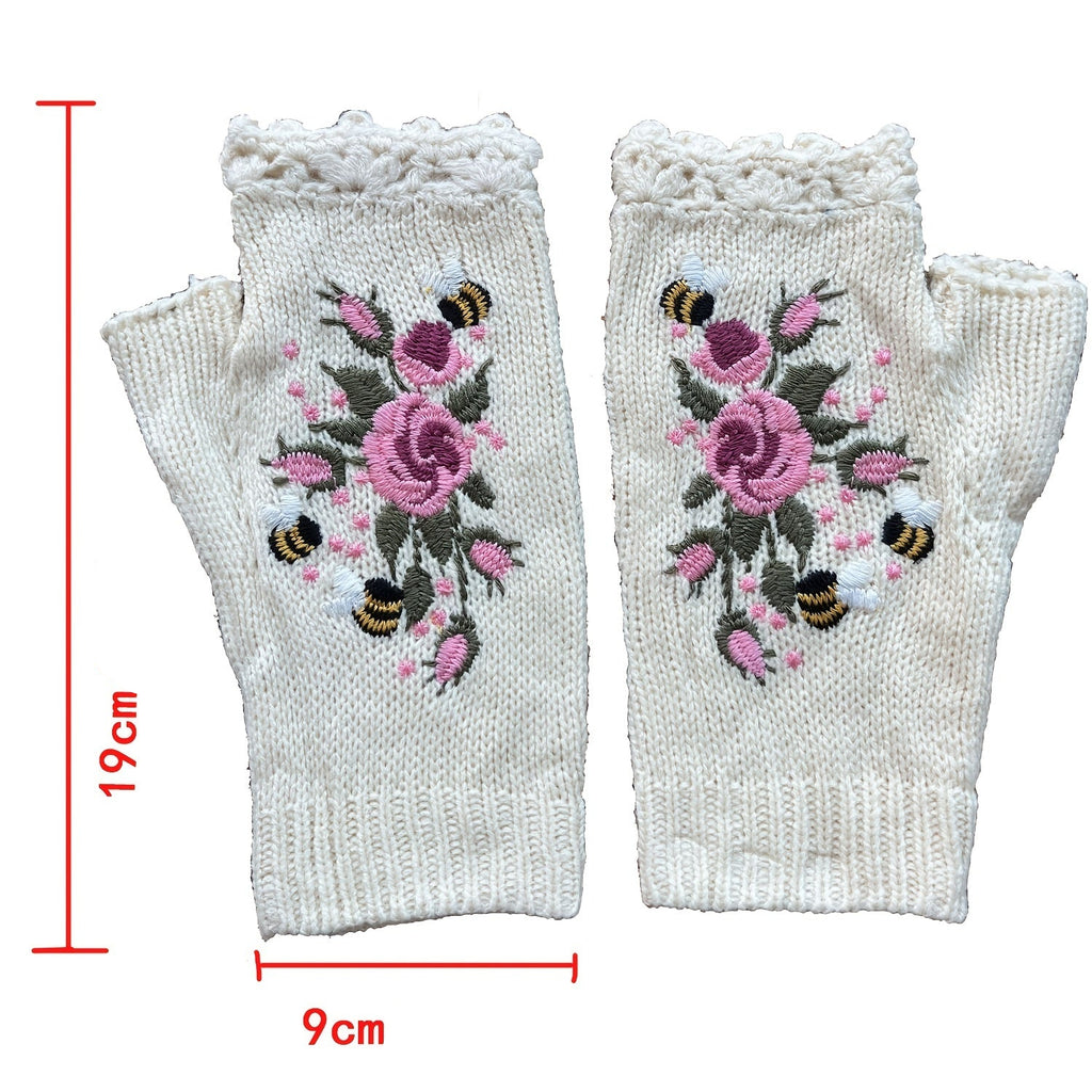 nakışlı örgü eldiven çiçek işlemeli parmak açık model
