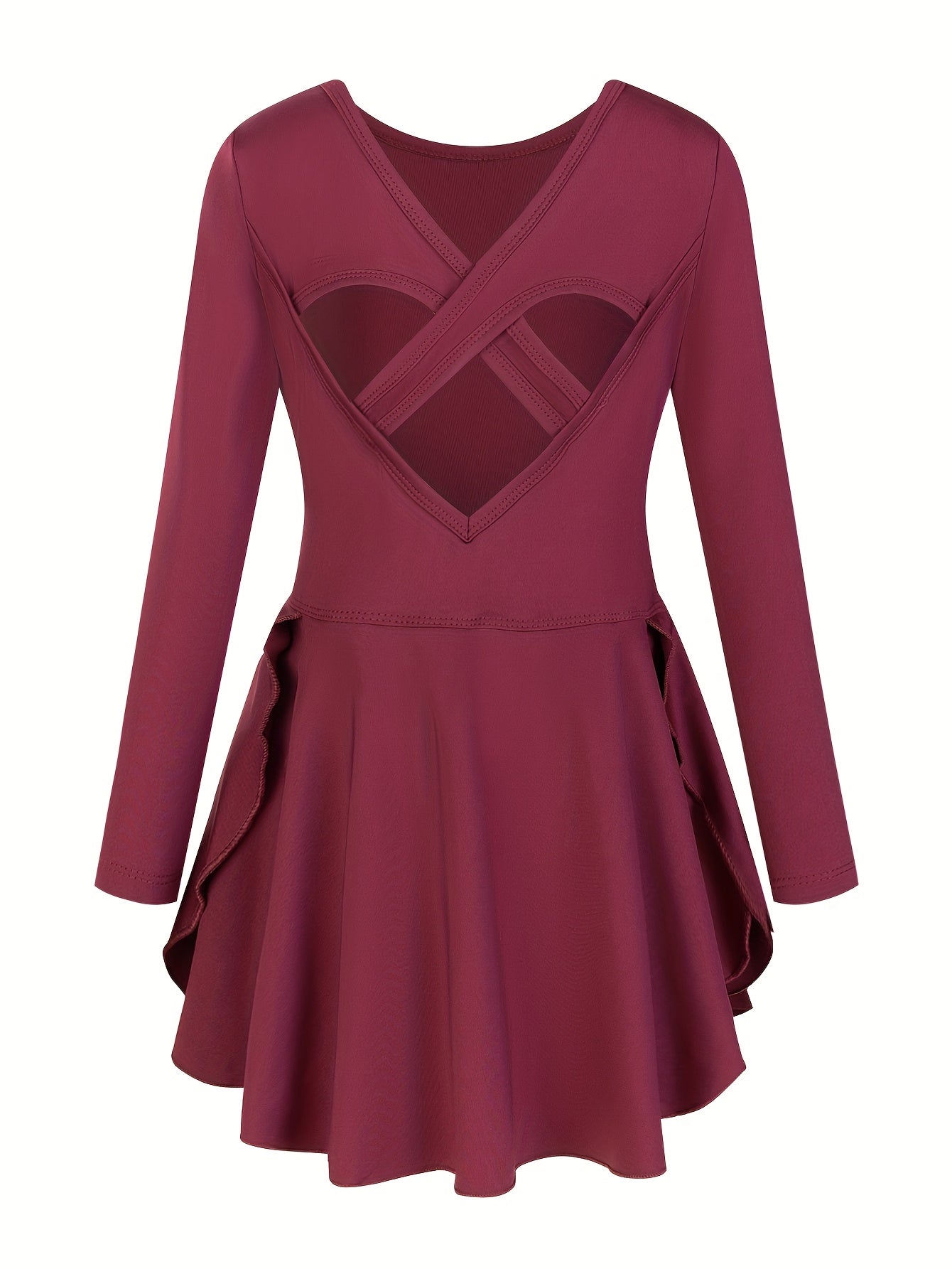 bale elbisesi uzun kollu çapraz sırtlı bordo dans kıyafeti 🌸 Çapraz Sırt Tasarımı