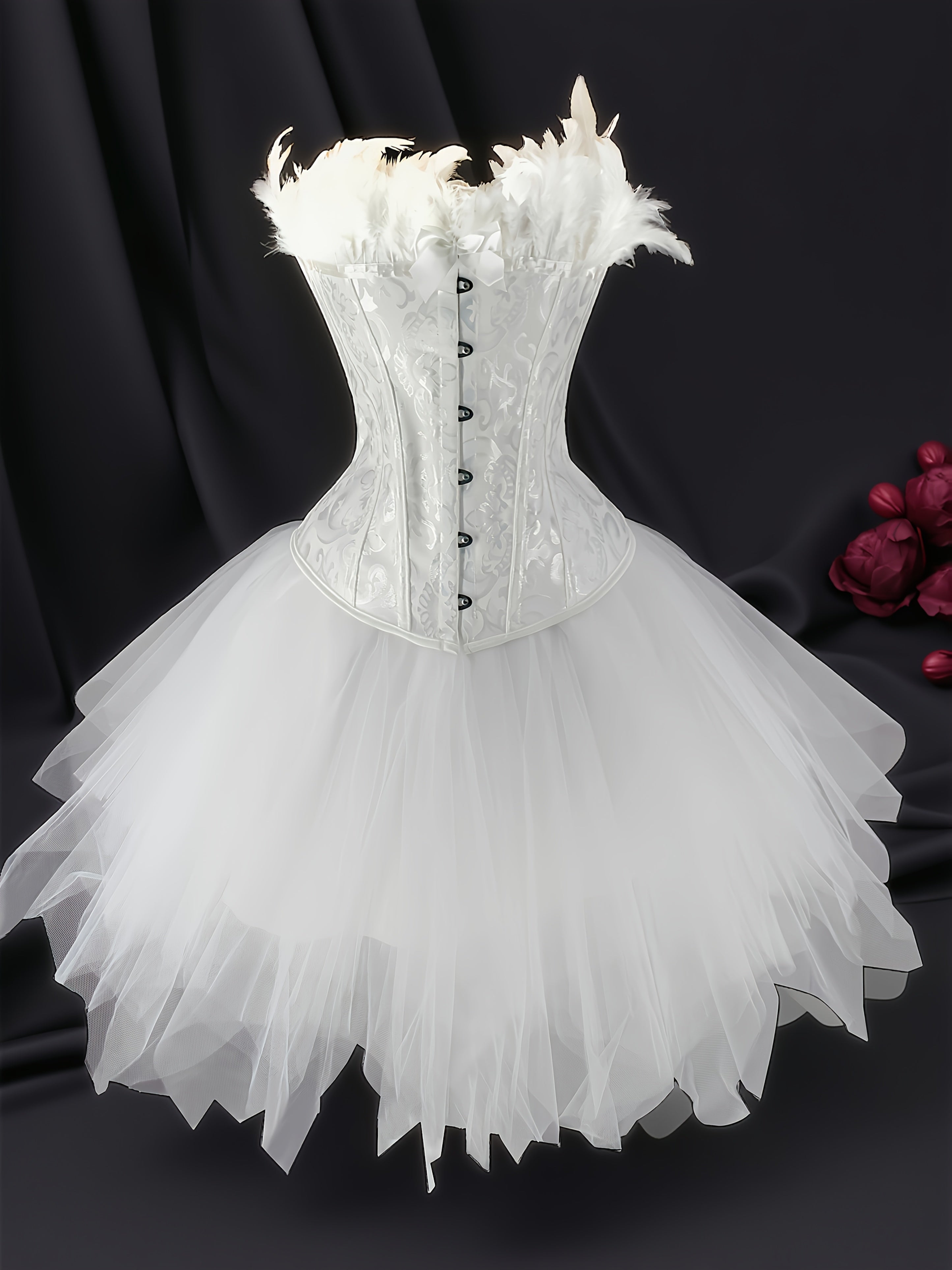beyaz kuğu kostümü & siyah kuğu kostümü kadın gotik tarz tüy detaylı korseli tül etek seti ✨ Yeni Sezon – White Swan Edition