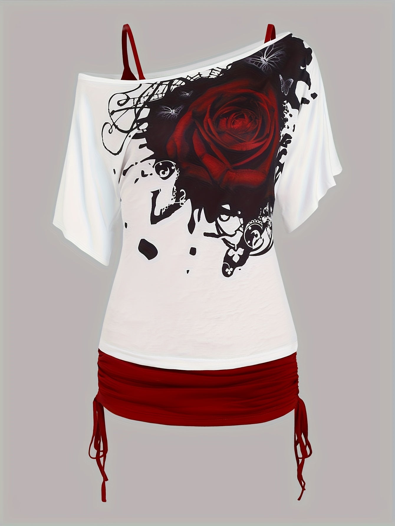 gül baskılı iki parçalı bluz – tek omuz y2k kadın bluz seti