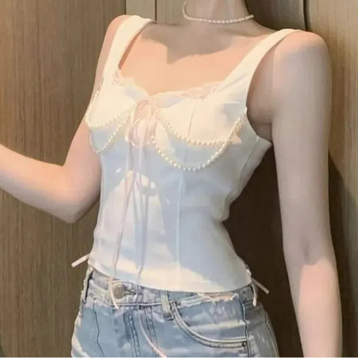 İnci Detaylı Korse Üst – Dantel ve Şerit Bağlama Tasarımlı Büstiyer