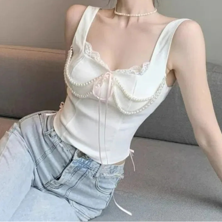 İnci Detaylı Korse Üst – Dantel ve Şerit Bağlama Tasarımlı Büstiyer
