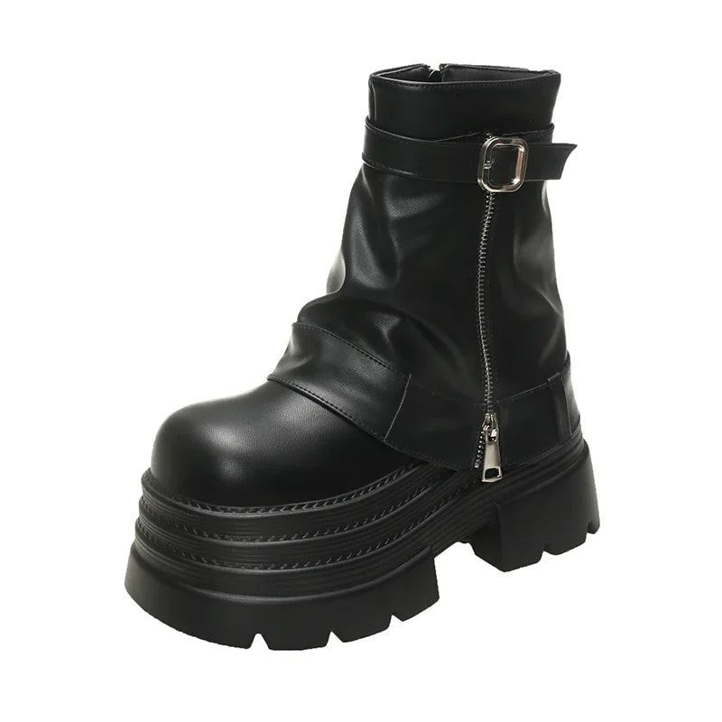 Kalın Tabanlı Deri Platform Çizme – Fermuarlı ve Tokalı Street Style Bot