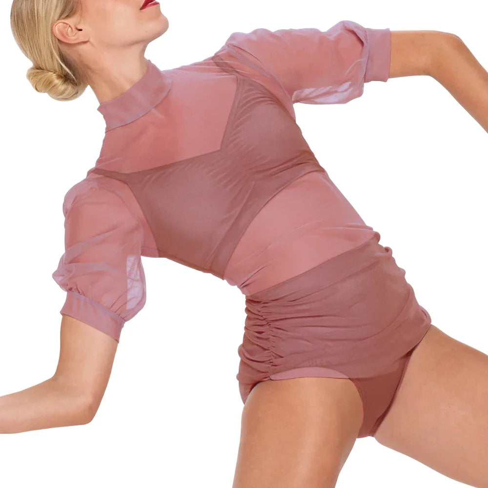 Yüksek Yaka Şifon Kollu Dans Mayosu – 3 Parça Modern Dans Kostümü
