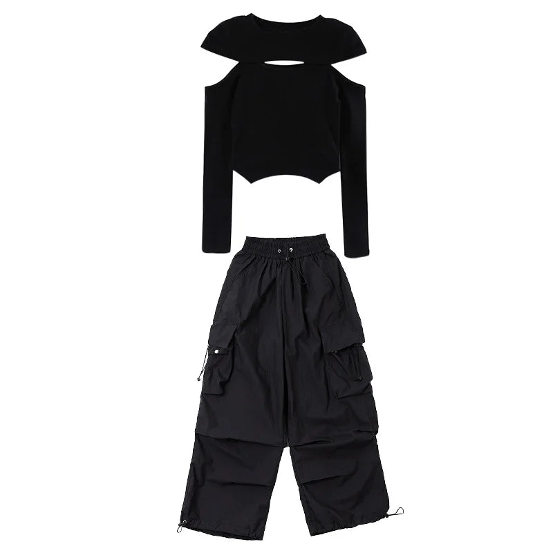 Siyah Geniş Paça Kargo Pantolon Üst Takım – Street Style Dans Model