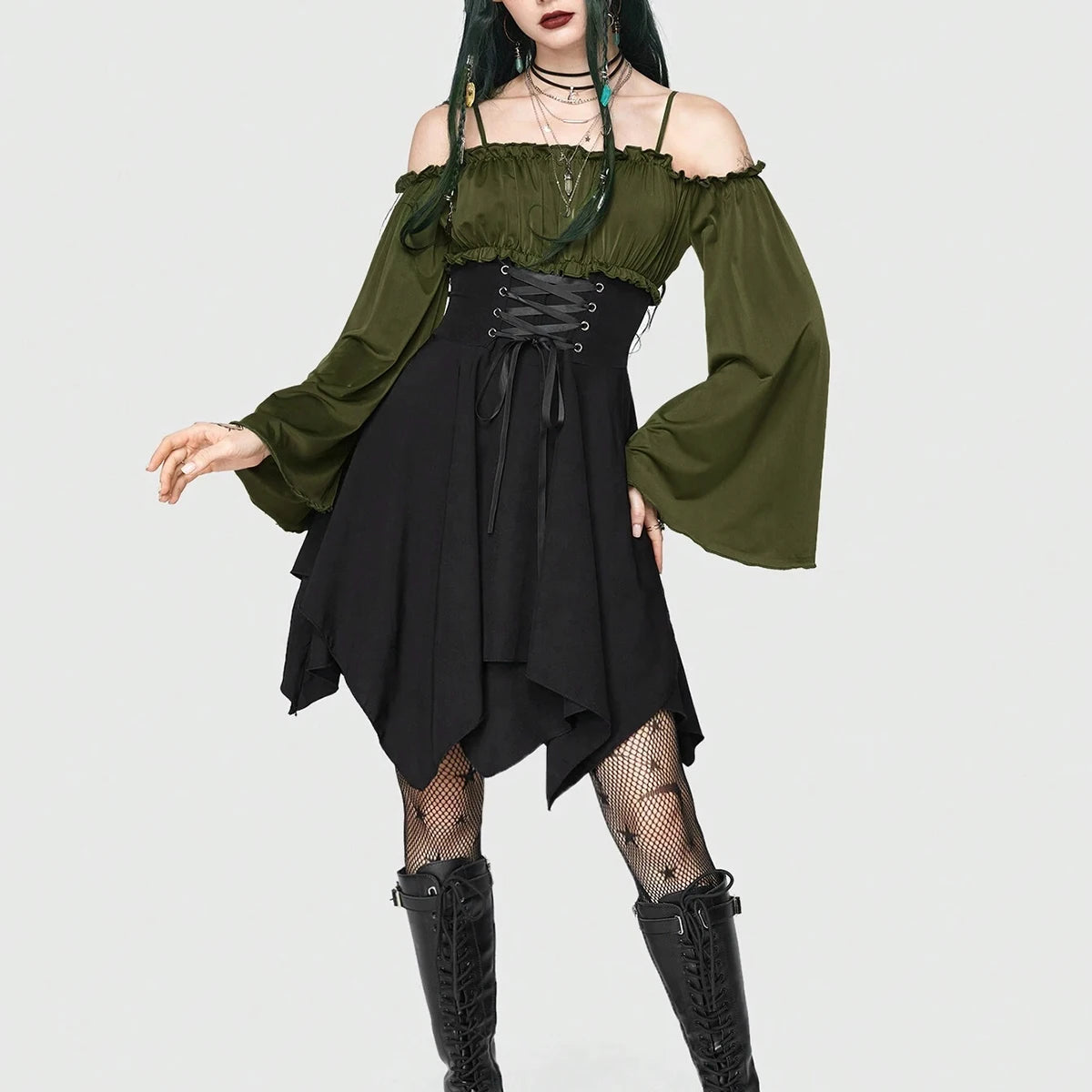 Omzu Açık Gotik Elbise – Korse Detaylı Asimetrik Midi Model