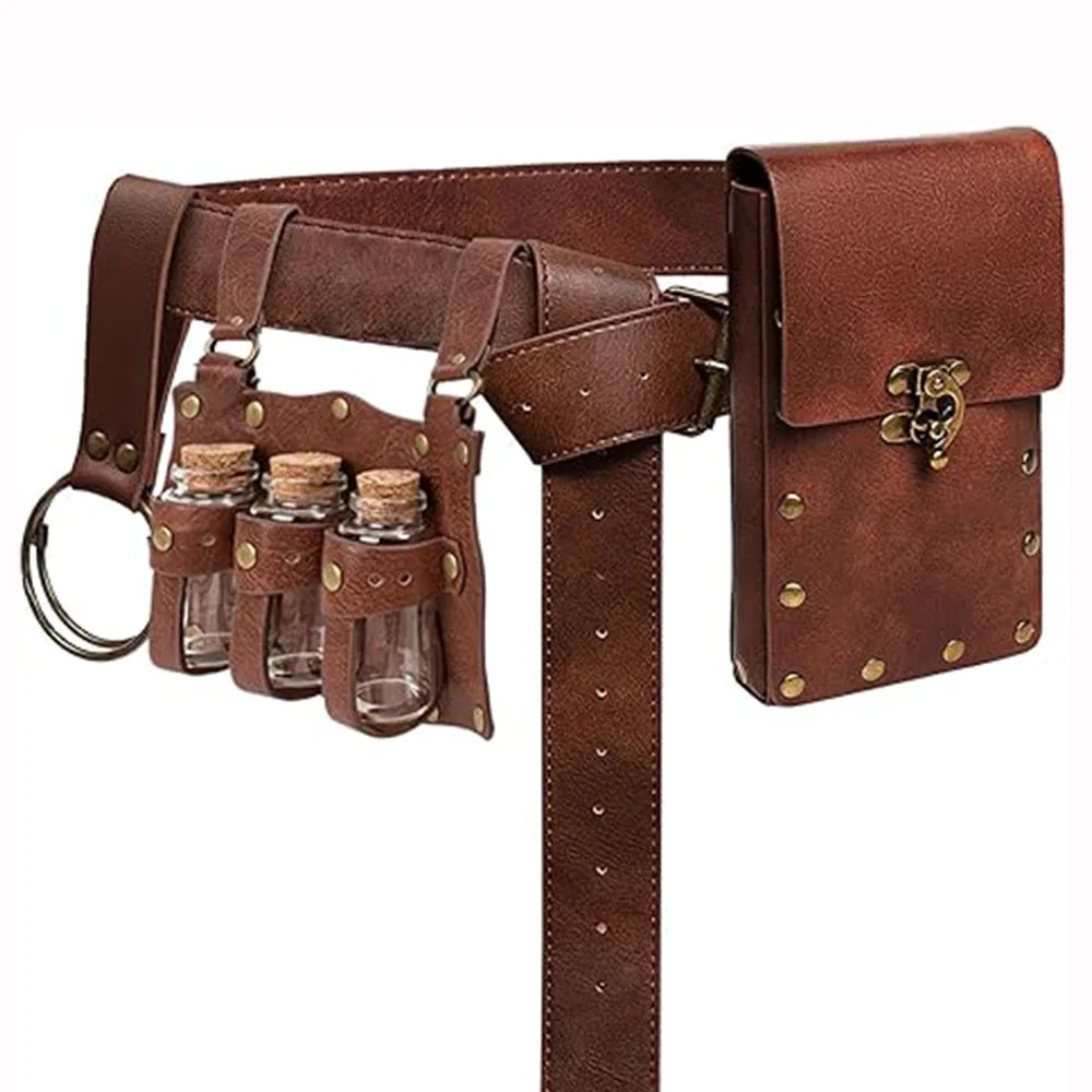 Steampunk Deri Bel Çantası – Cosplay & Kostüm Şişe Askılı Aksesuar