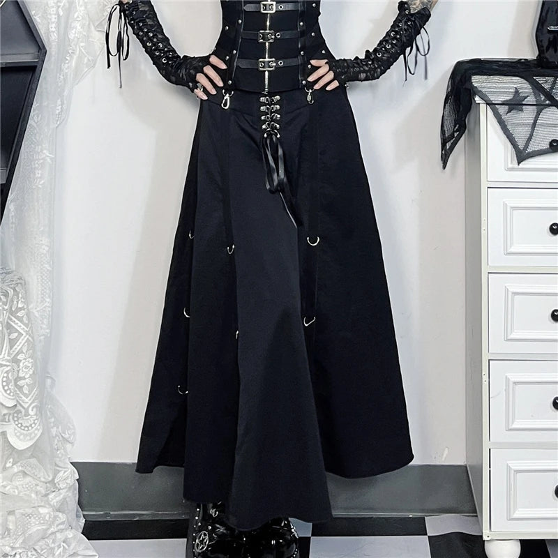 Gotik Siyah Korse Detaylı Maxi Etek – Punk Tarz Asimetrik Kadın Etek