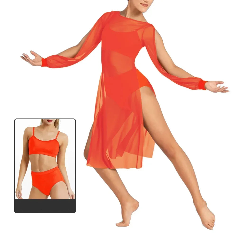 Şifon Modern Dans Elbisesi – Uzun Kollu, Akışkan Sahne Kostümü 3lü Set