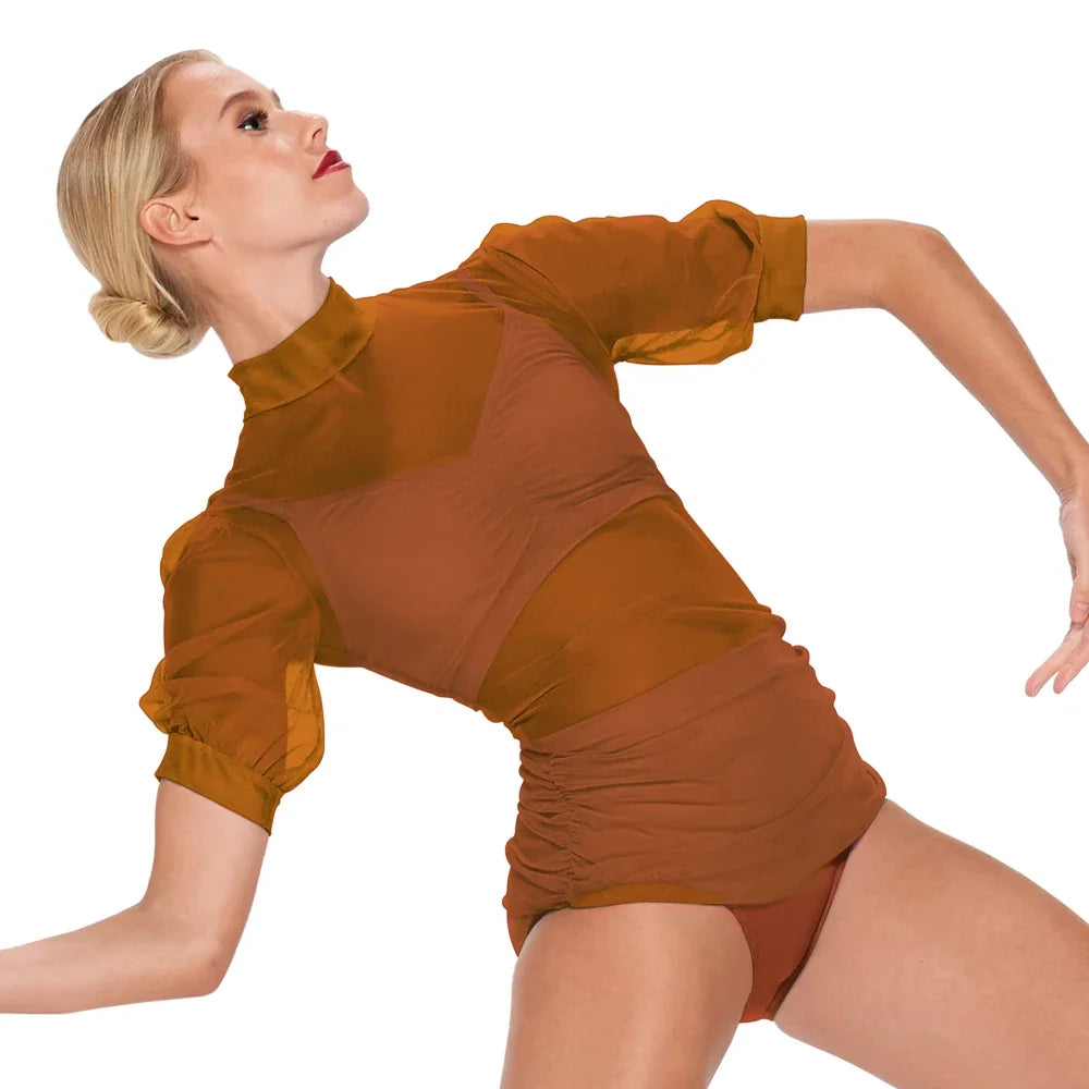 Yüksek Yaka Şifon Kollu Dans Mayosu – 3 Parça Modern Dans Kostümü