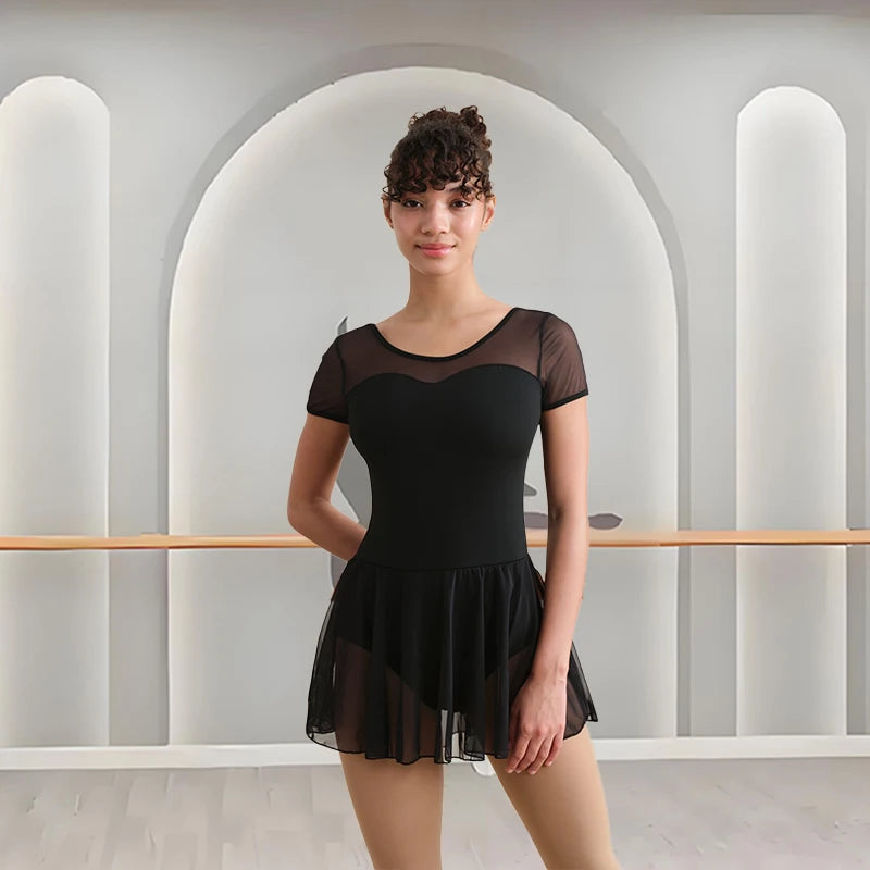 Kısa Kollu Şifon Etekli Bale Elbisesi – Siyah Zarif Dans Mayosu