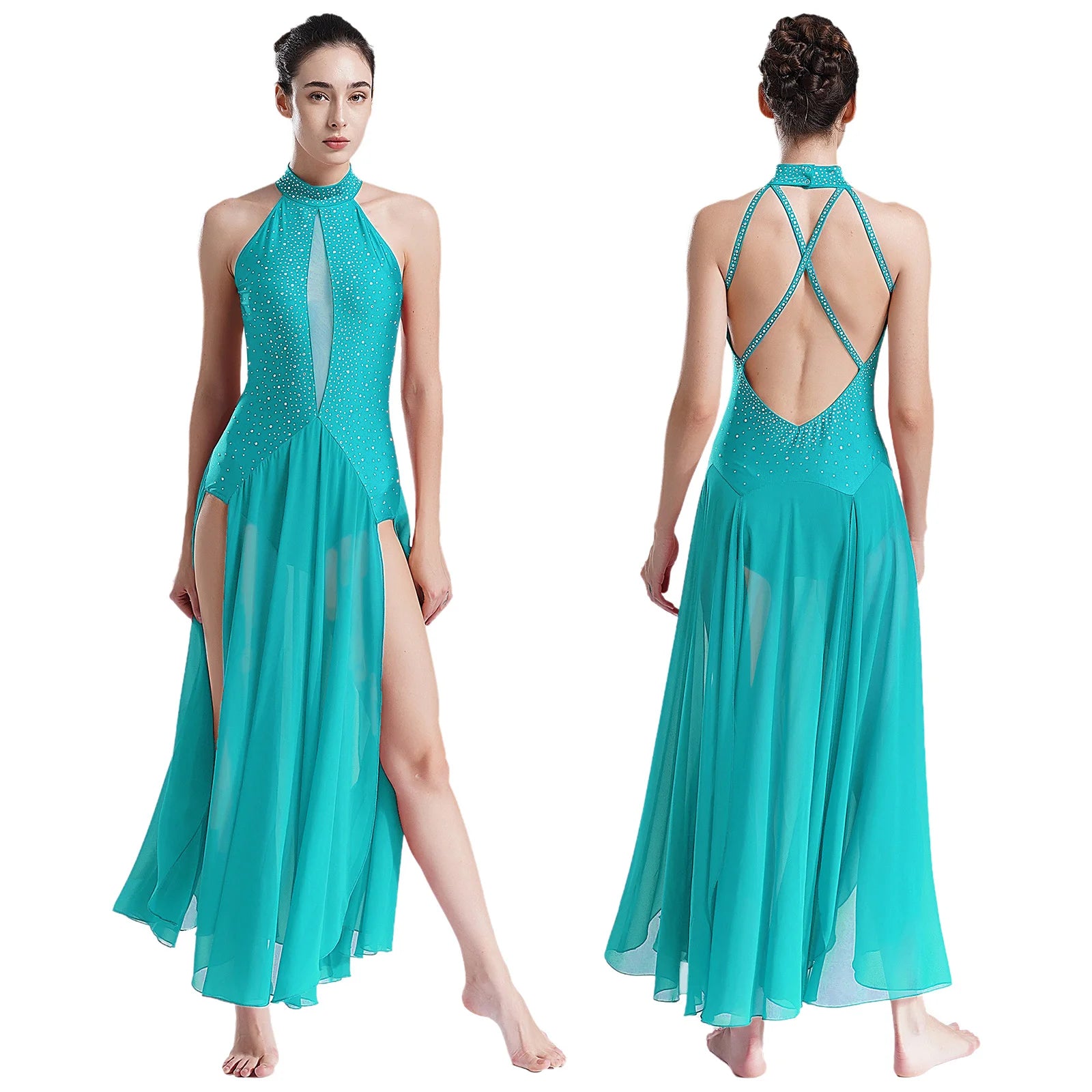 Uzun Taşlı Dans Kostümü | Şifon Modern Dans Elbisesi