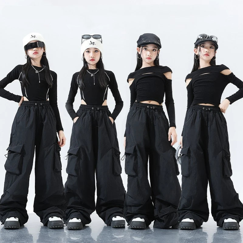 Siyah Geniş Paça Kargo Pantolon Üst Takım – Street Style Dans Model