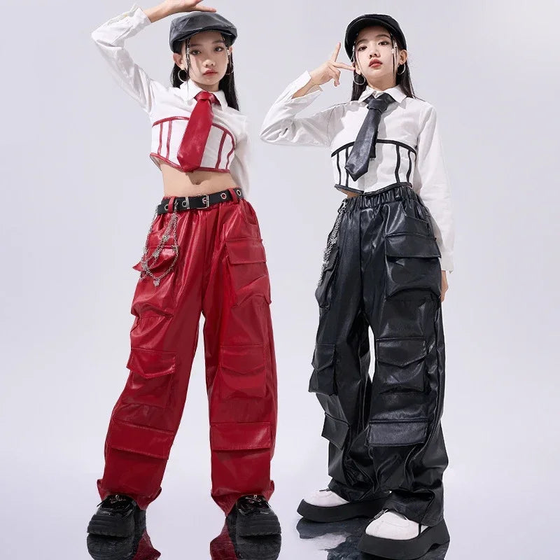 Hip Hop Dans Kostümü – Deri Görünümlü Geniş Paça Pantolon ve Korse Detaylı Gömlek Takımı