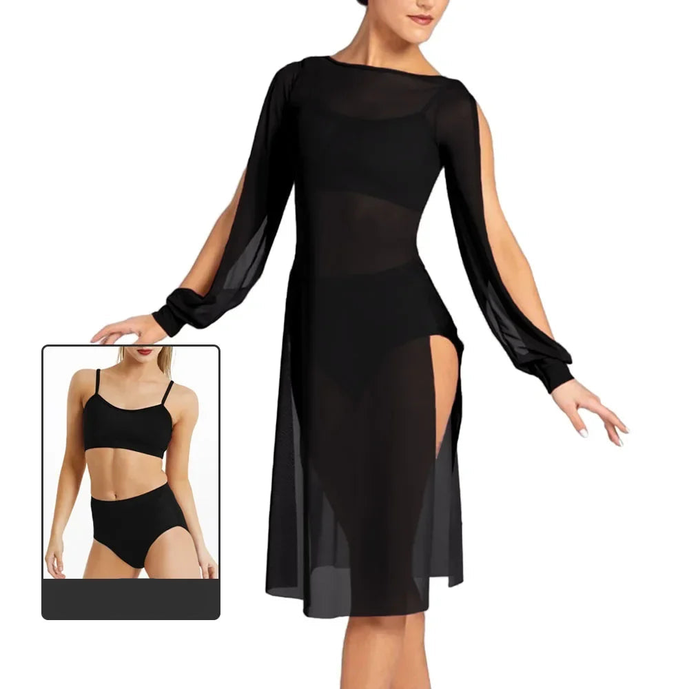 Şifon Modern Dans Elbisesi – Uzun Kollu, Akışkan Sahne Kostümü 3lü Set