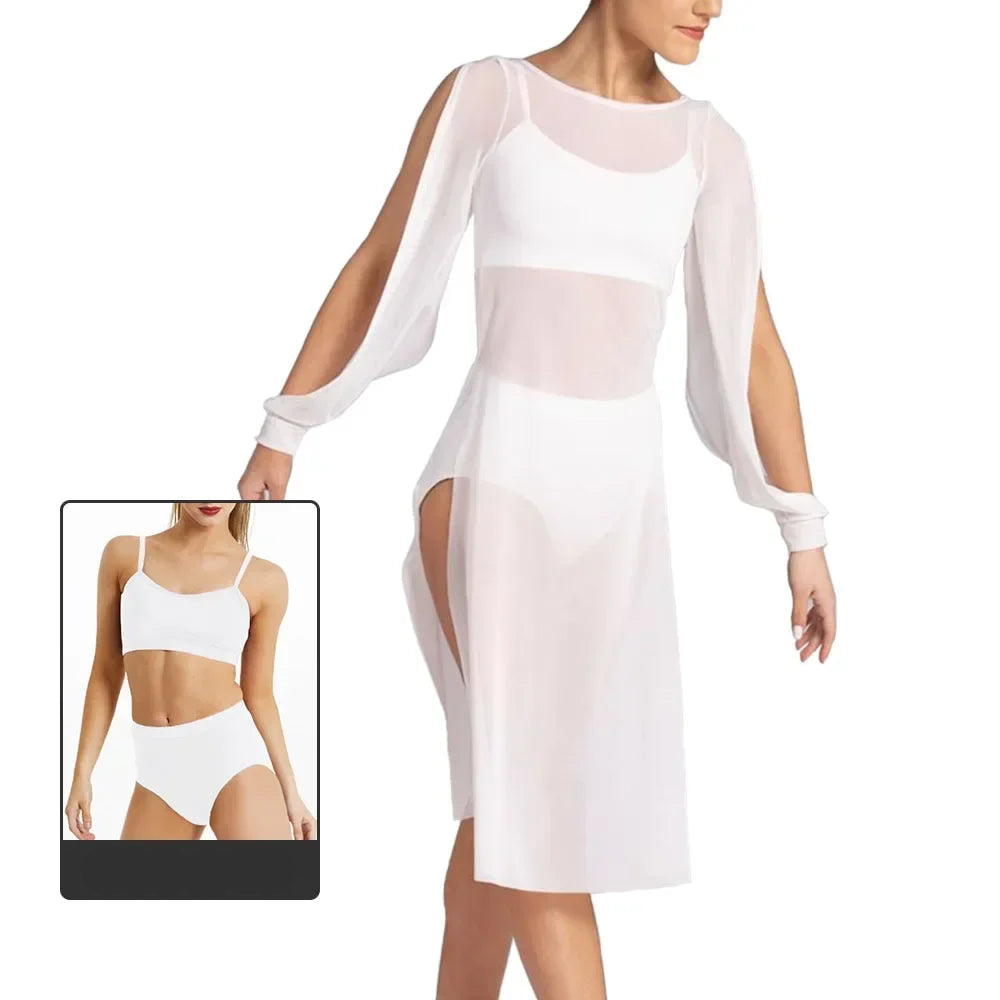 Şifon Modern Dans Elbisesi – Uzun Kollu, Akışkan Sahne Kostümü 3lü Set