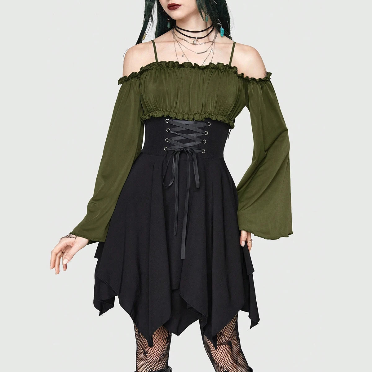 Omzu Açık Gotik Elbise – Korse Detaylı Asimetrik Midi Model