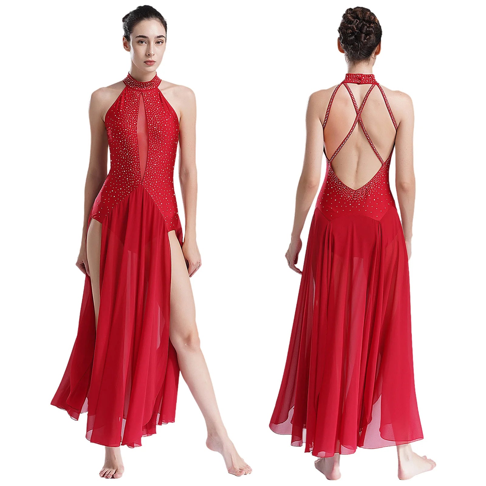 Uzun Taşlı Dans Kostümü | Şifon Modern Dans Elbisesi