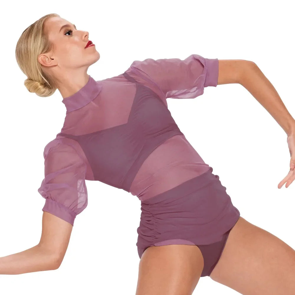 Yüksek Yaka Şifon Kollu Dans Mayosu – 3 Parça Modern Dans Kostümü