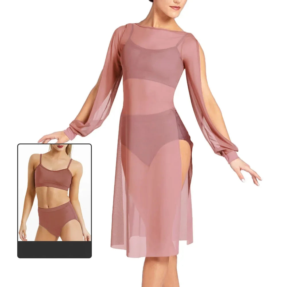 Şifon Modern Dans Elbisesi – Uzun Kollu, Akışkan Sahne Kostümü 3lü Set