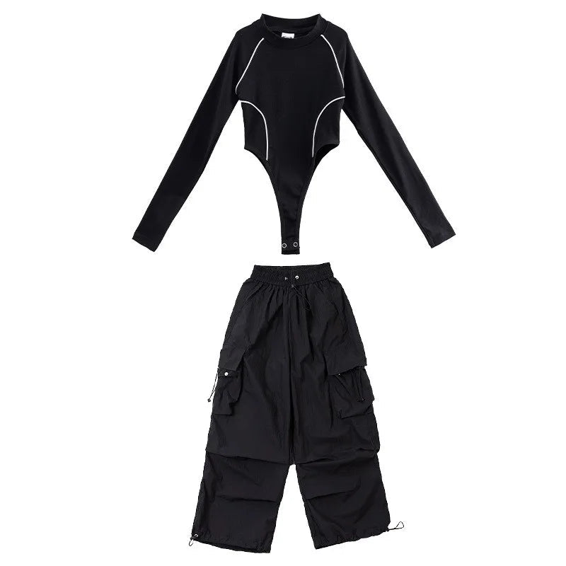 Siyah Geniş Paça Kargo Pantolon Üst Takım – Street Style Dans Model