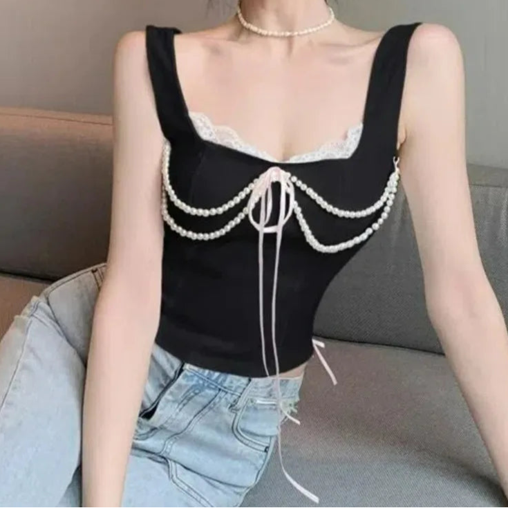 İnci Detaylı Korse Üst – Dantel ve Şerit Bağlama Tasarımlı Büstiyer