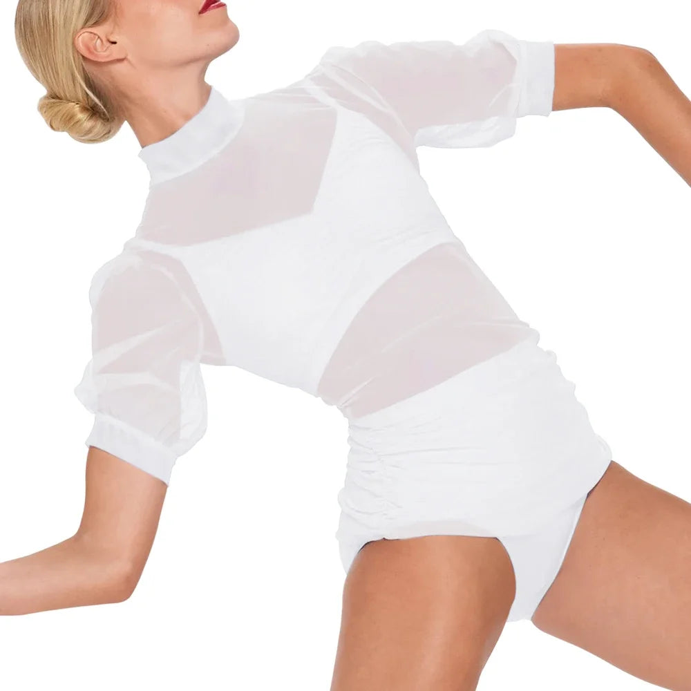 Yüksek Yaka Şifon Kollu Dans Mayosu – 3 Parça Modern Dans Kostümü