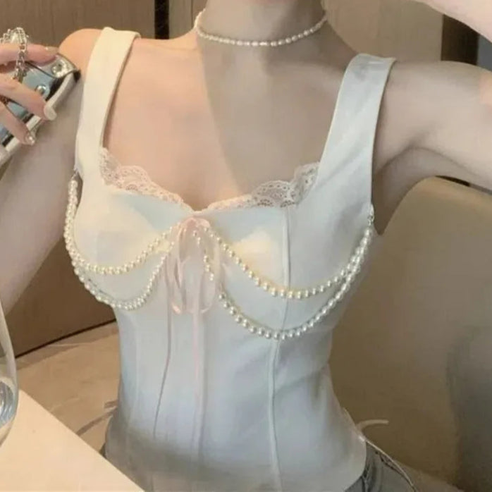 İnci Detaylı Korse Üst – Dantel ve Şerit Bağlama Tasarımlı Büstiyer