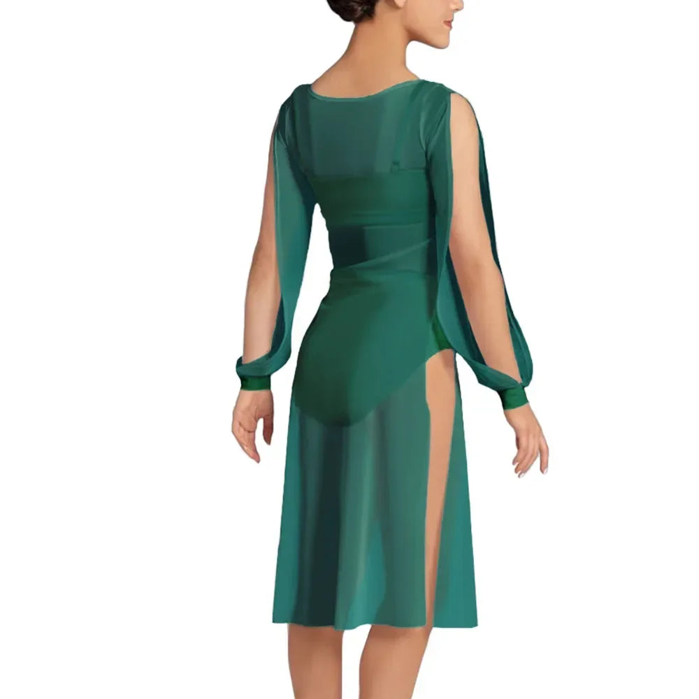 Şifon Modern Dans Elbisesi – Uzun Kollu, Akışkan Sahne Kostümü 3lü Set