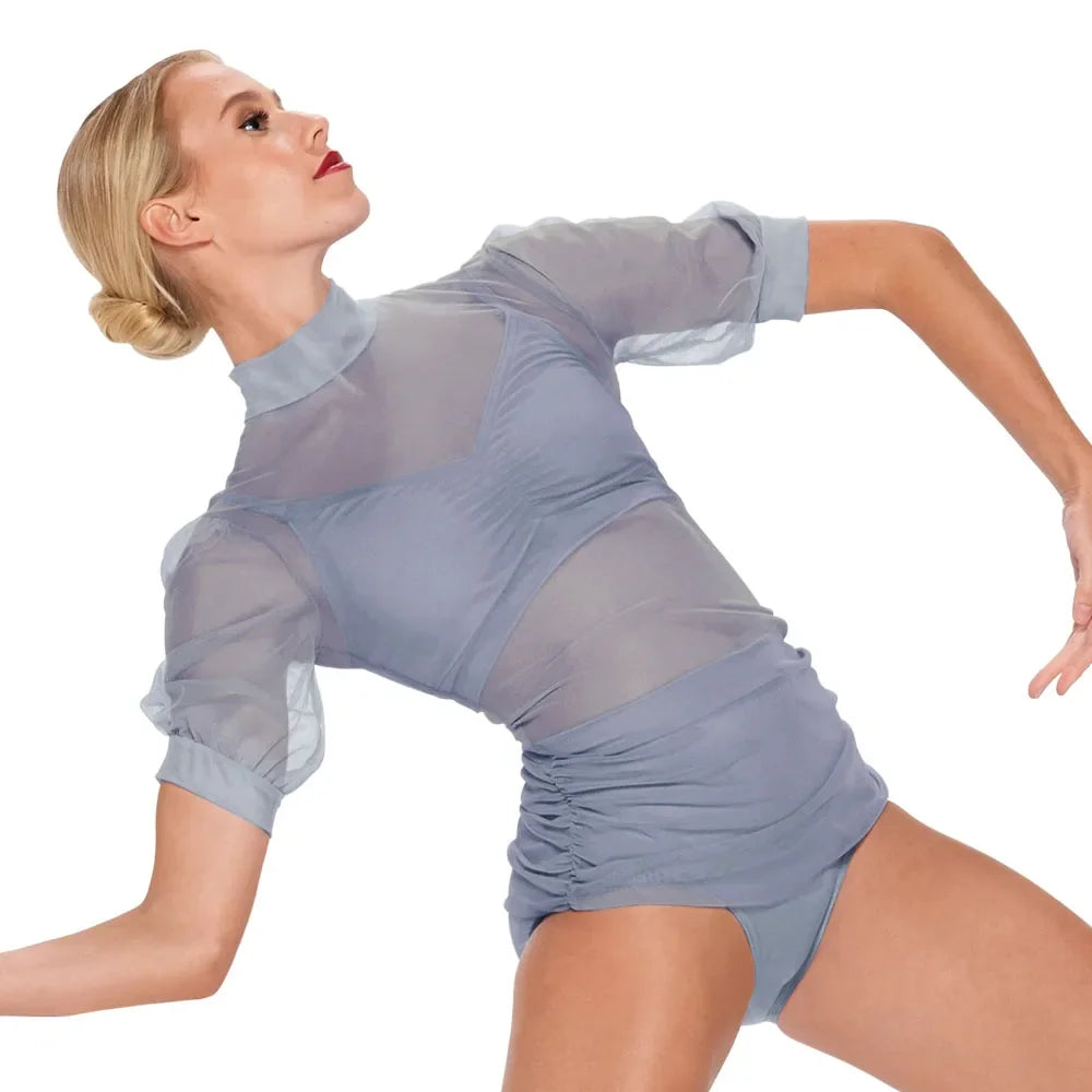 Yüksek Yaka Şifon Kollu Dans Mayosu – 3 Parça Modern Dans Kostümü