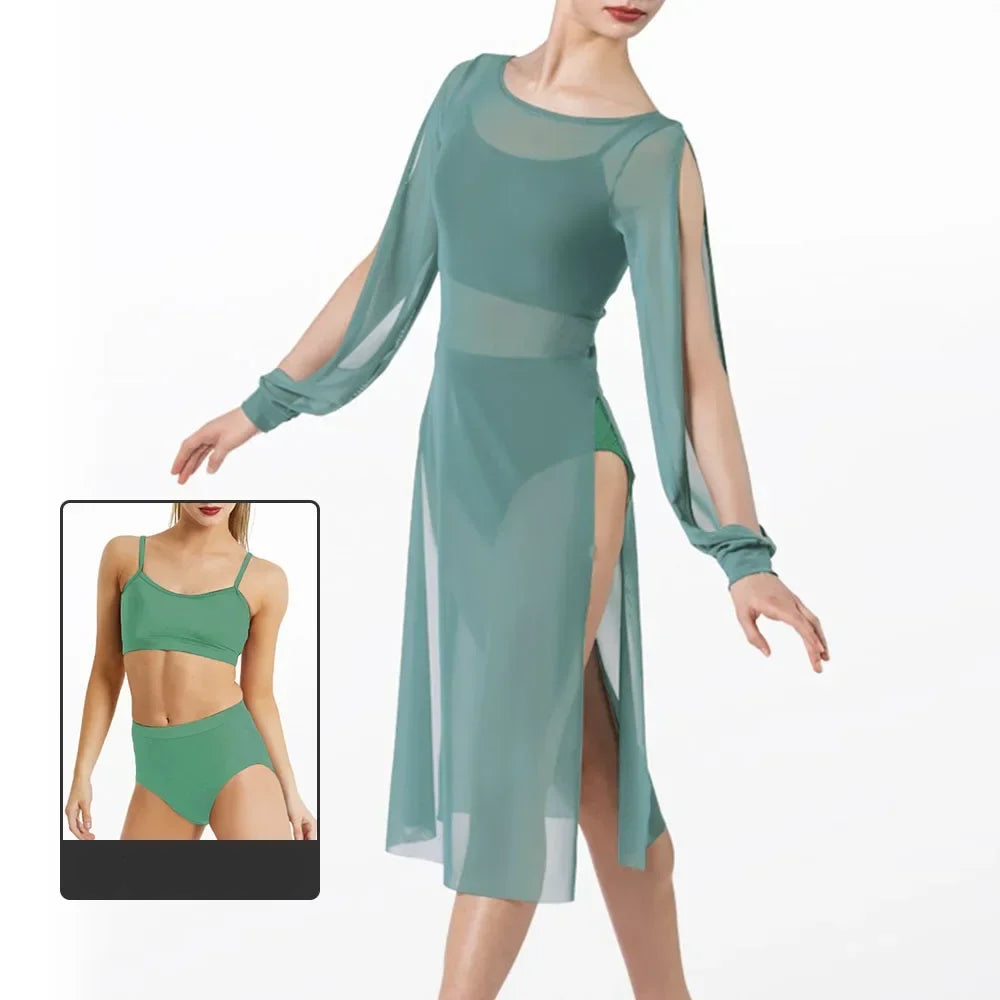 Şifon Modern Dans Elbisesi – Uzun Kollu, Akışkan Sahne Kostümü 3lü Set