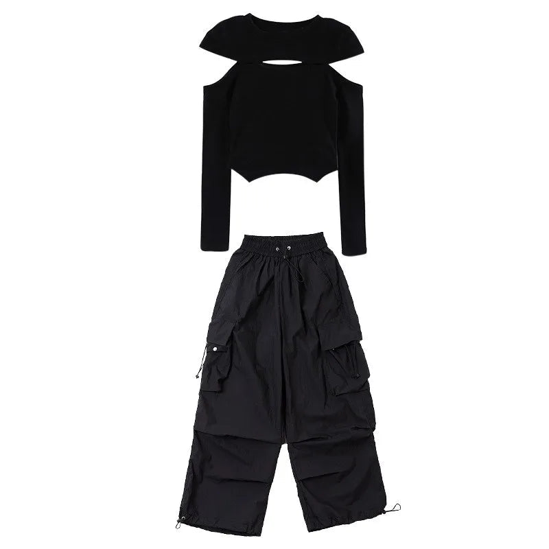 Siyah Geniş Paça Kargo Pantolon Üst Takım – Street Style Dans Model