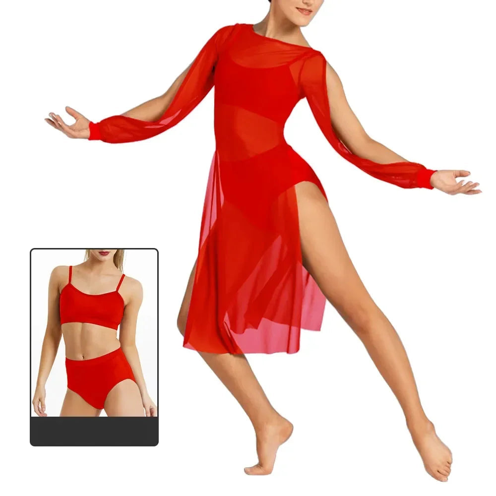 Şifon Modern Dans Elbisesi – Uzun Kollu, Akışkan Sahne Kostümü 3lü Set