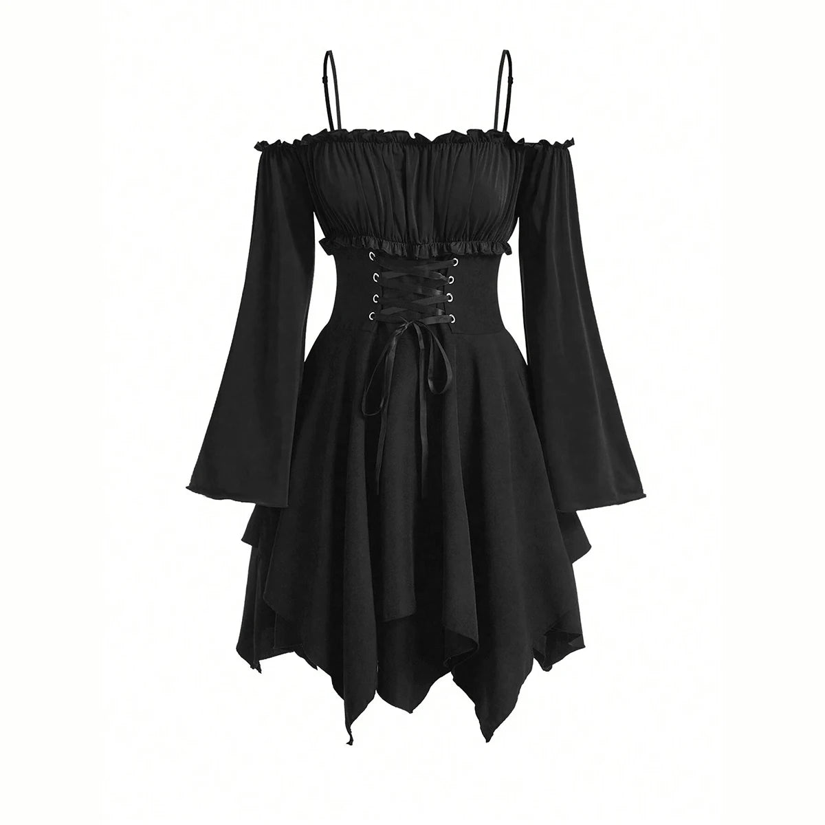 Omzu Açık Gotik Elbise – Korse Detaylı Asimetrik Midi Model