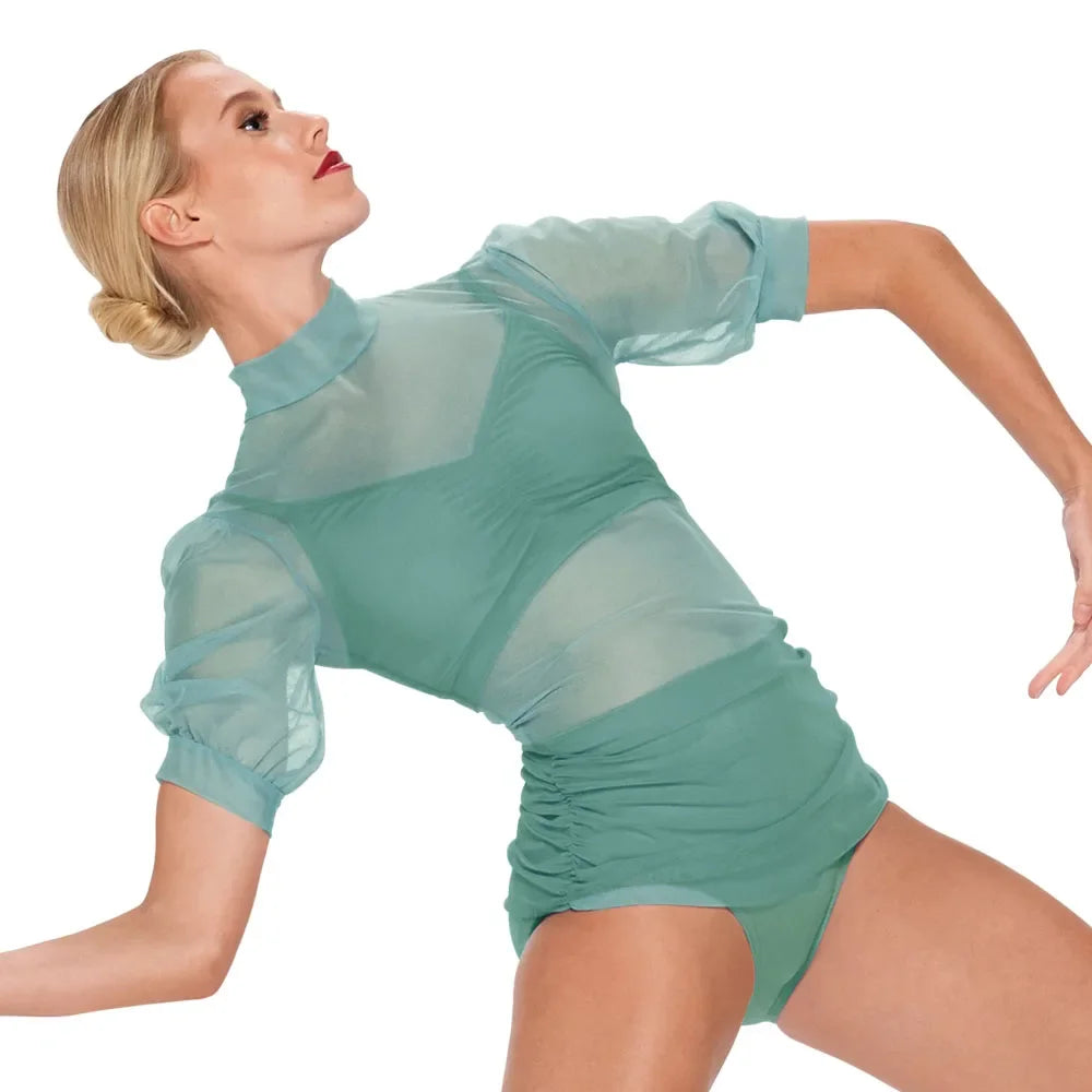Yüksek Yaka Şifon Kollu Dans Mayosu – 3 Parça Modern Dans Kostümü