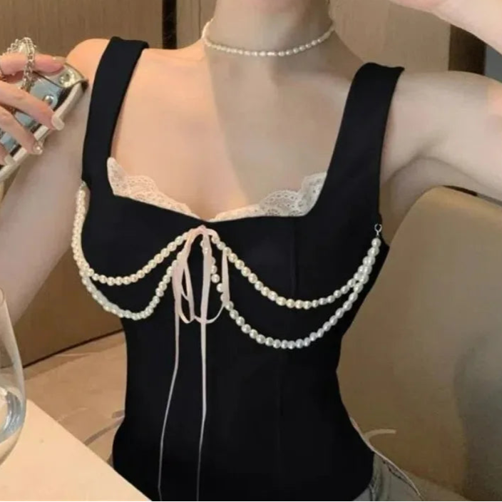 İnci Detaylı Korse Üst – Dantel ve Şerit Bağlama Tasarımlı Büstiyer