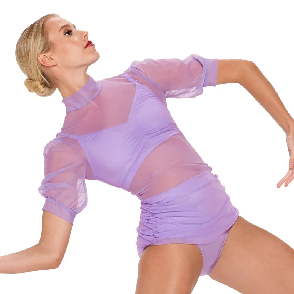 Yüksek Yaka Şifon Kollu Dans Mayosu – 3 Parça Modern Dans Kostümü