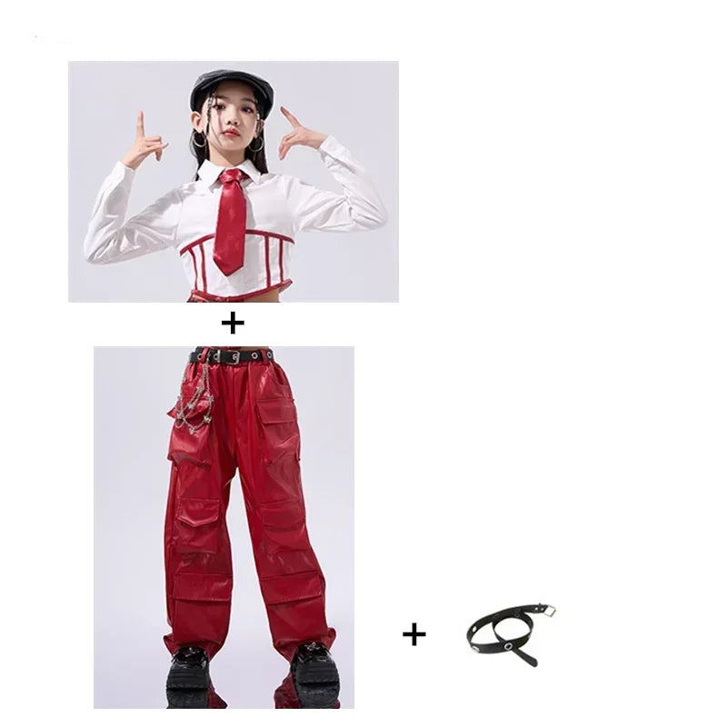 Hip Hop Dans Kostümü – Deri Görünümlü Geniş Paça Pantolon ve Korse Detaylı Gömlek Takımı