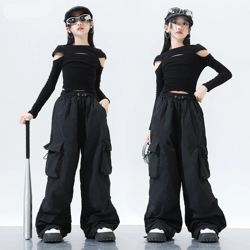 Siyah Geniş Paça Kargo Pantolon Üst Takım – Street Style Dans Model