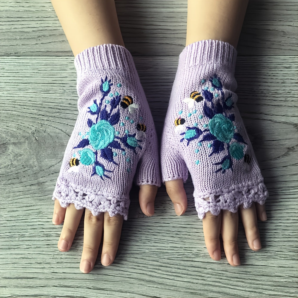 nakışlı örgü eldiven çiçek işlemeli parmak açık model