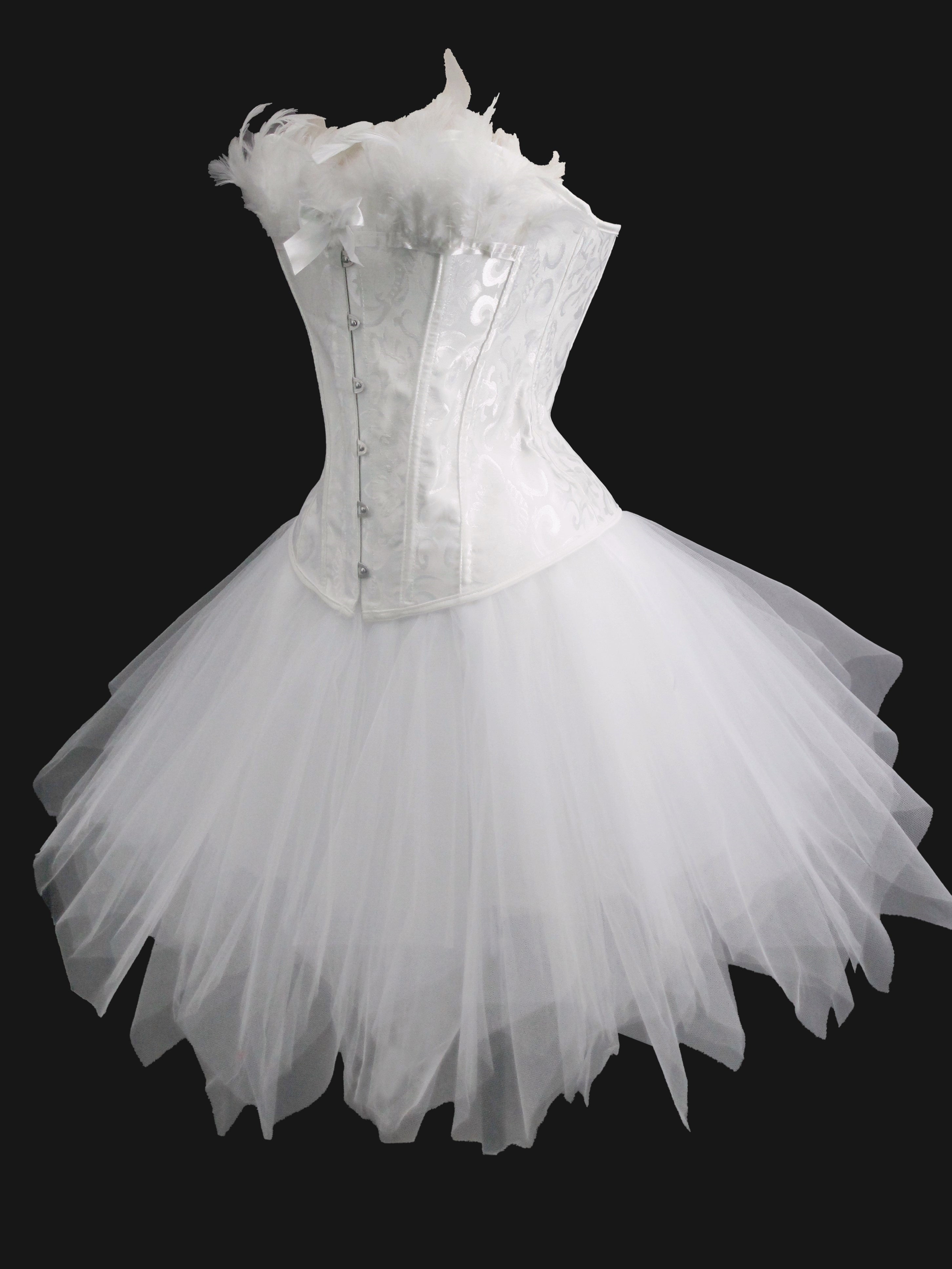beyaz kuğu kostümü & siyah kuğu kostümü kadın gotik tarz tüy detaylı korseli tül etek seti ✨ Yeni Sezon – White Swan Edition