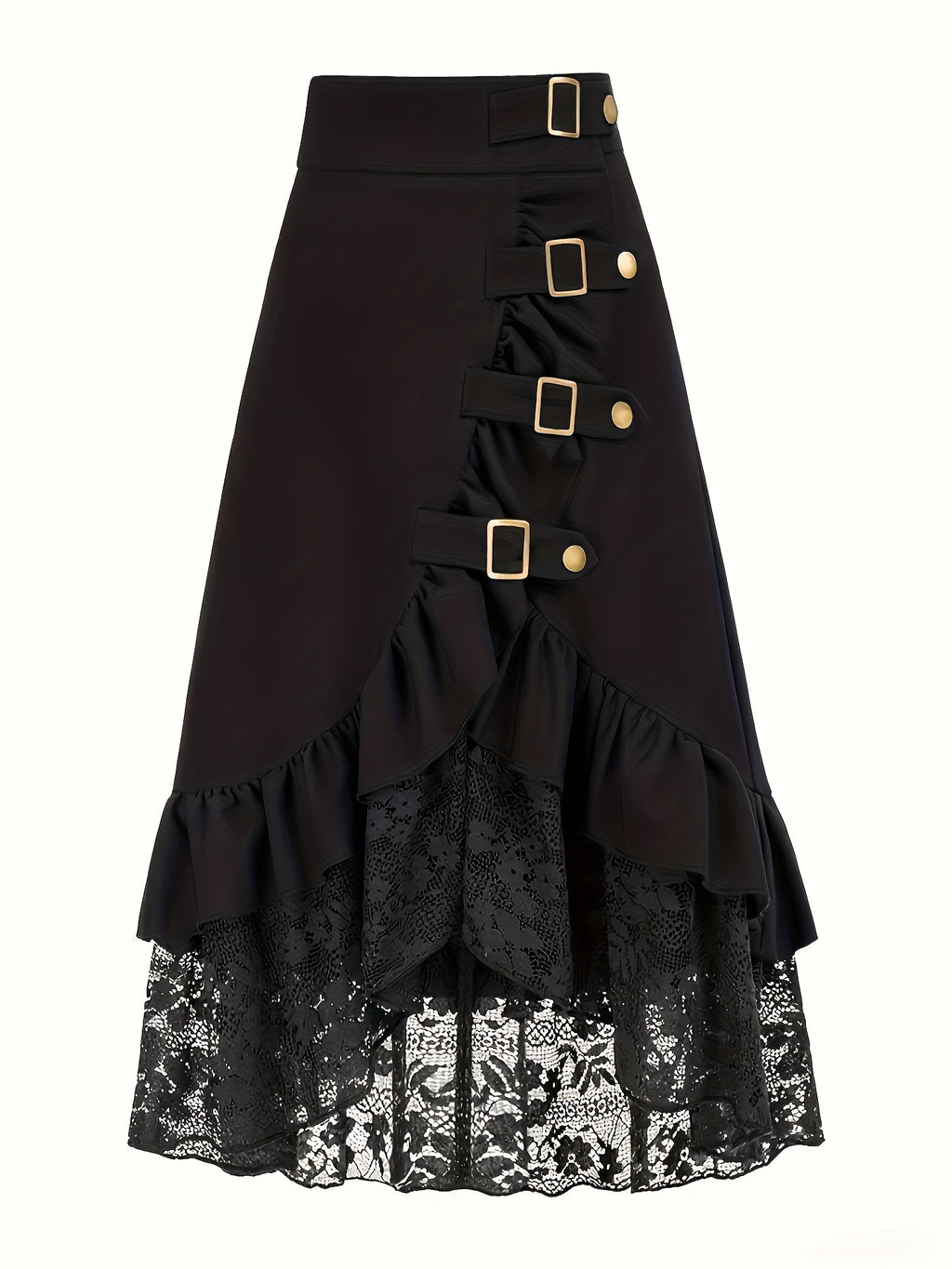 Gotik etek – yüksek bel dantelli ruffled tasarım, metal tokalı dramatik görünüm | Şimdi Keşfet 🖤✨