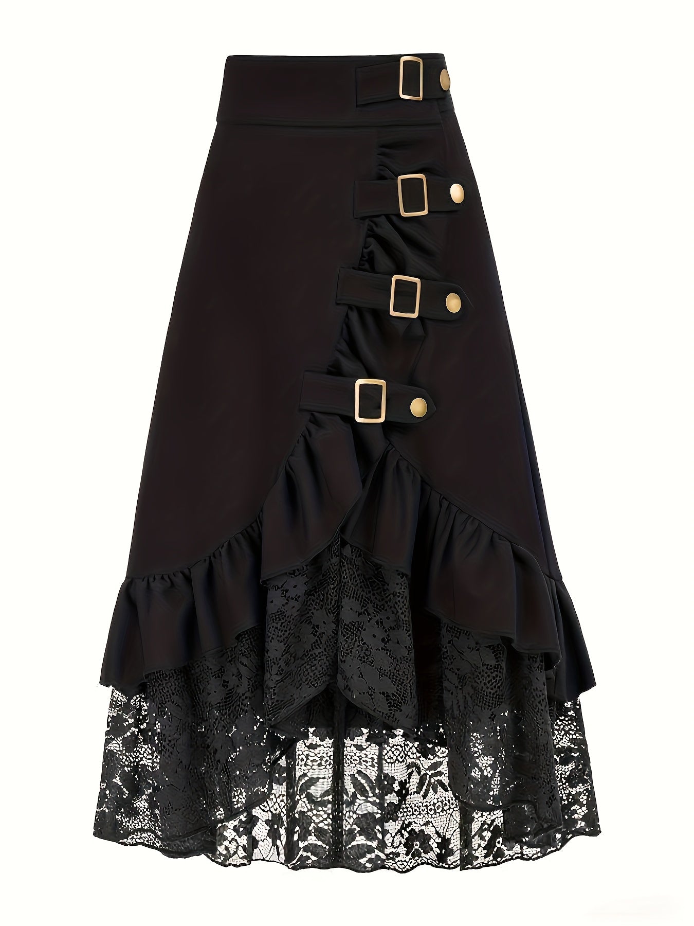 Gotik etek – yüksek bel dantelli ruffled tasarım, metal tokalı dramatik görünüm | Şimdi Keşfet 🖤✨