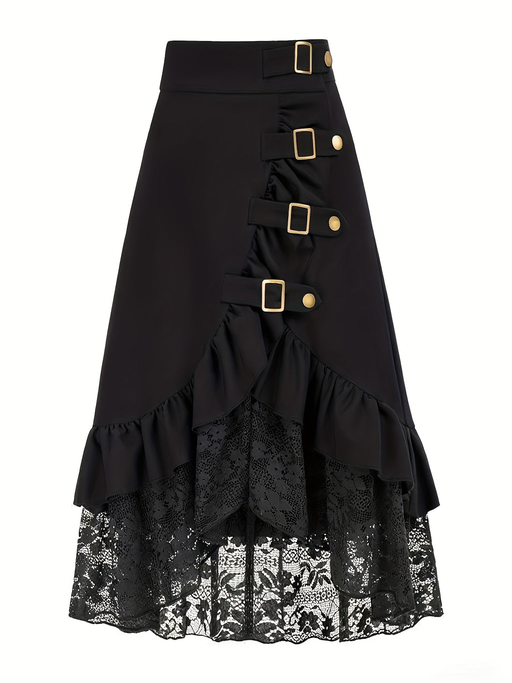 Gotik etek – yüksek bel dantelli ruffled tasarım, metal tokalı dramatik görünüm | Şimdi Keşfet 🖤✨